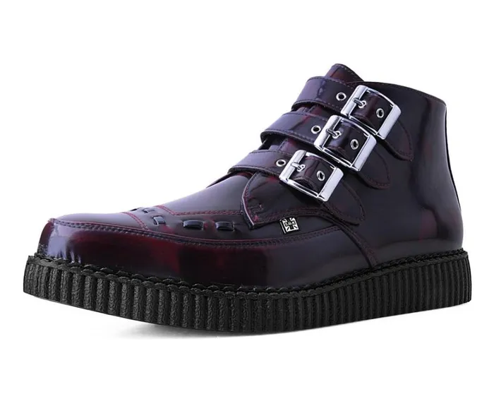 Burgundy RubOff 3Buckle Pointed Creeper Boot Men TUK Shoes Boots
