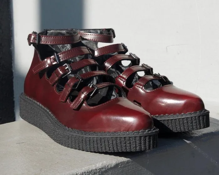 Burgundy RubOff Multi Strap Pointed Mary Jane Women TUK Shoes Vegan