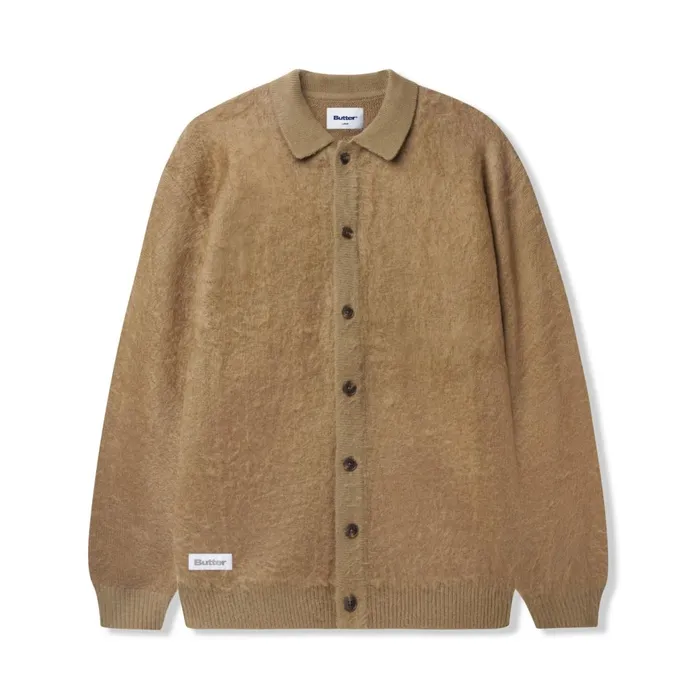 Butter Goods Fleece Men Mohair Button Up Knitted Shirt Tan