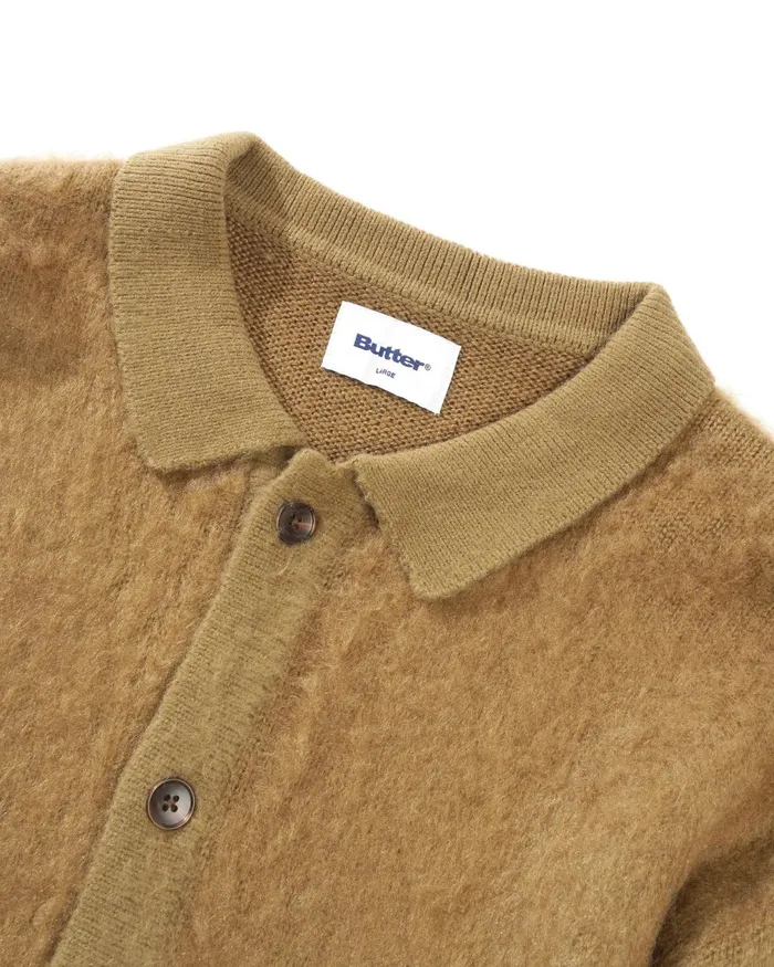 Butter Goods Fleece Men Mohair Button Up Knitted Shirt Tan Butter Goods Fleece Men Mohair Button Up Knitted Shirt Tan