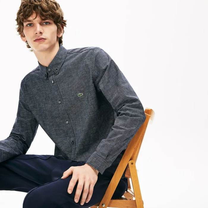 Button Down Shirts Lacoste Mens Checkered Cotton Shirt Navy Blue On Sale