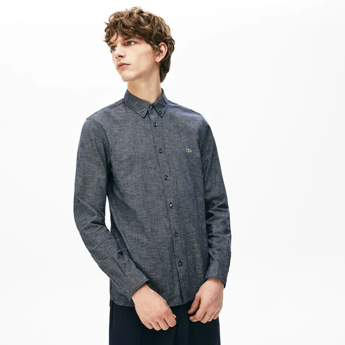 Button Down Shirts Lacoste Mens Checkered Cotton Shirt Navy Blue On Sale