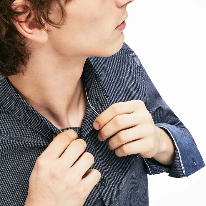 Button Down Shirts Lacoste Mens Checkered Cotton Shirt Navy Blue On Sale