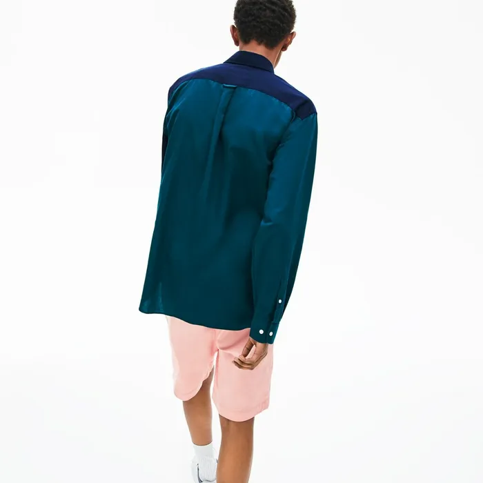 Button Down Shirts Lacoste Mens ColorBlock Cotton Shirt Navy BlueGreenWhite Outlet