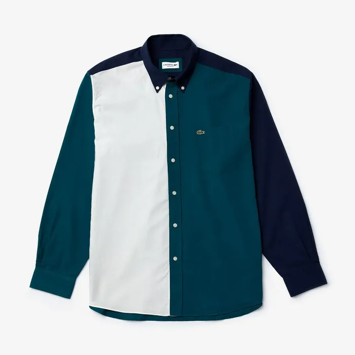 Button Down Shirts Lacoste Mens ColorBlock Cotton Shirt Navy BlueGreenWhite Outlet