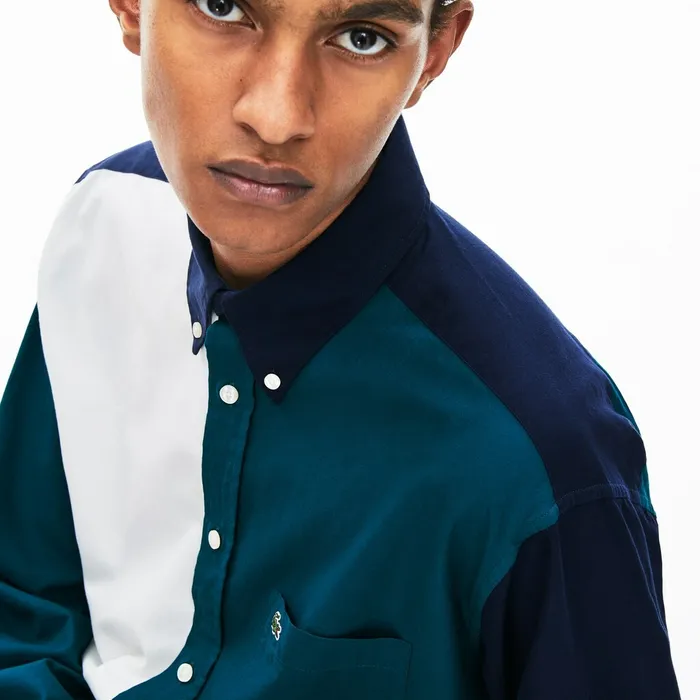 Button Down Shirts Lacoste Mens ColorBlock Cotton Shirt Navy BlueGreenWhite Outlet