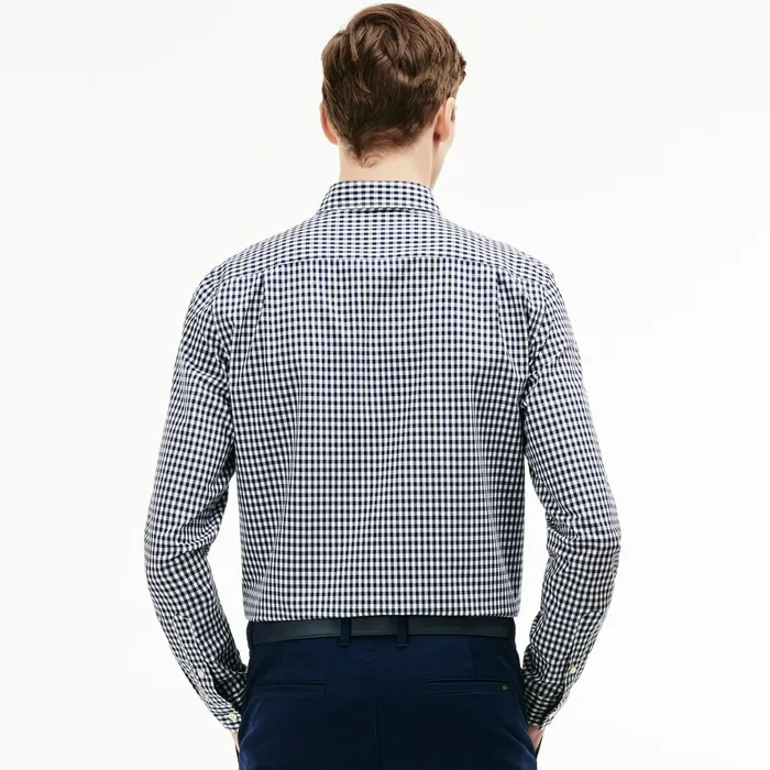 Button Down Shirts Lacoste Mens Regular Fit Mini Check Poplin Shirt Navy BlueWhite Outlet