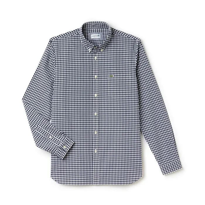 Button Down Shirts Lacoste Mens Regular Fit Mini Check Poplin Shirt Navy BlueWhite Outlet