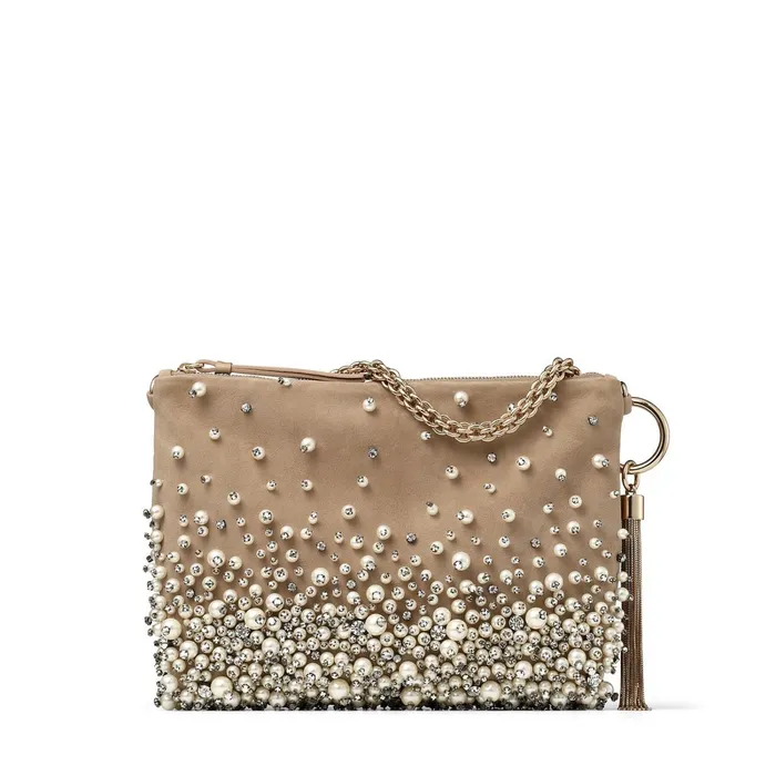 Callie Nude Suede Clutch Bag With Dgrad Pearl Embroidery Nude Women JIMMY CHOO Clutch Bags
