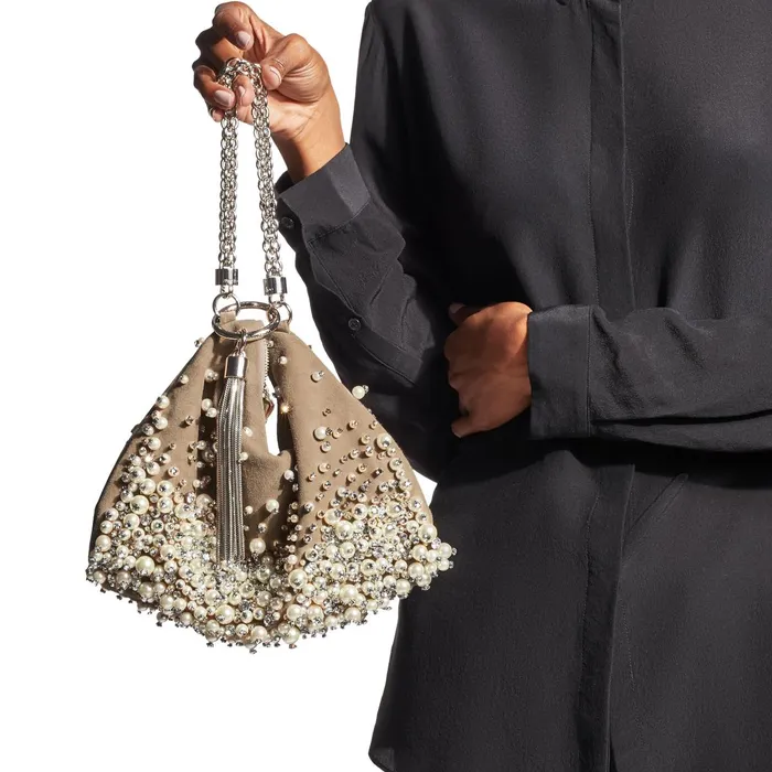 Callie Nude Suede Clutch Bag With Dgrad Pearl Embroidery Nude Women JIMMY CHOO Clutch Bags