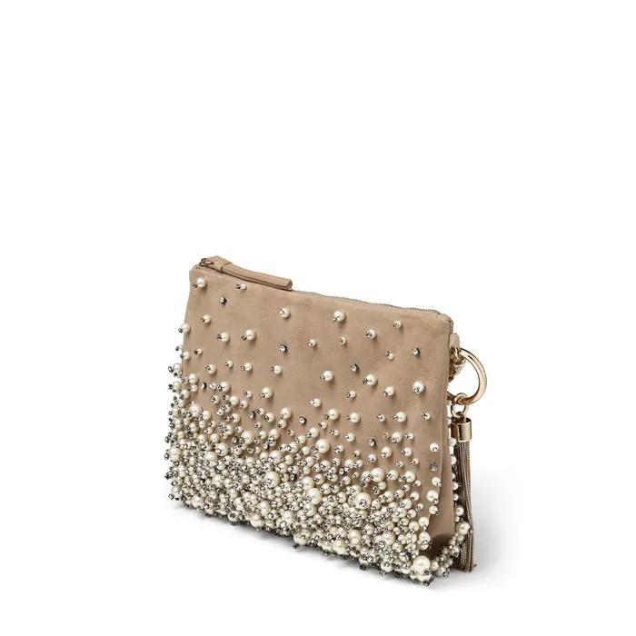 Callie Nude Suede Clutch Bag With Dgrad Pearl Embroidery Nude Women JIMMY CHOO Clutch Bags