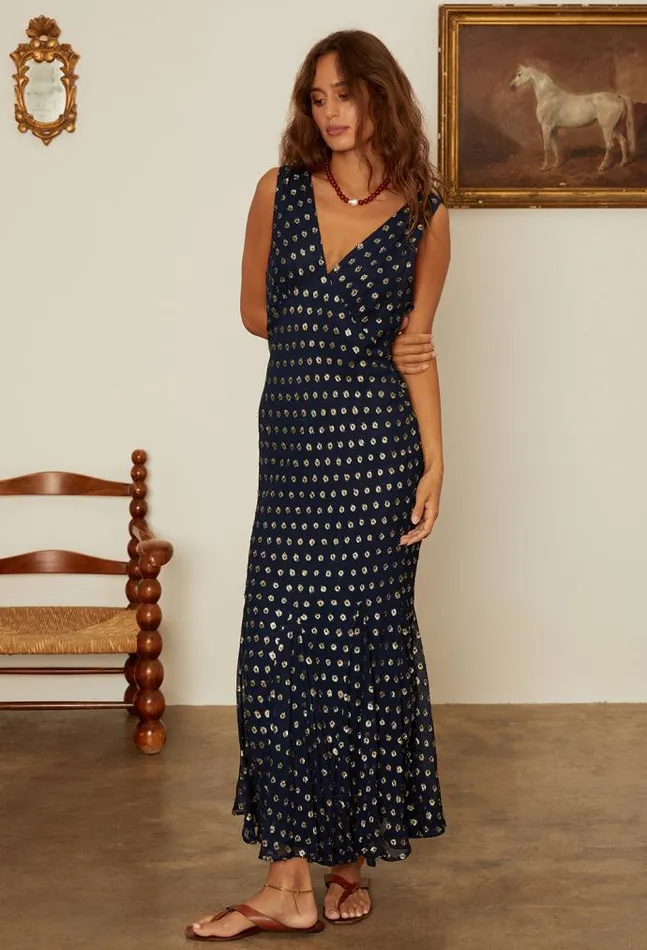 Ciao Lucia Clarette Georgette Navy Slip Dress With Gold Metallic Dots Women Long Dresses