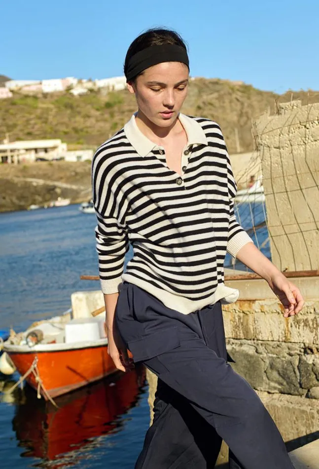 Ciao Lucia Gilma Cashmere Black And White Stripe Pullover Women Polo Sweaters