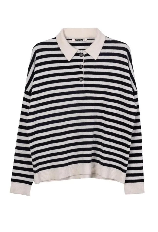 Ciao Lucia Gilma Cashmere Black And White Stripe Pullover Women Polo Sweaters