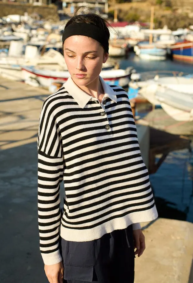 Ciao Lucia Gilma Cashmere Black And White Stripe Pullover Women Polo Sweaters