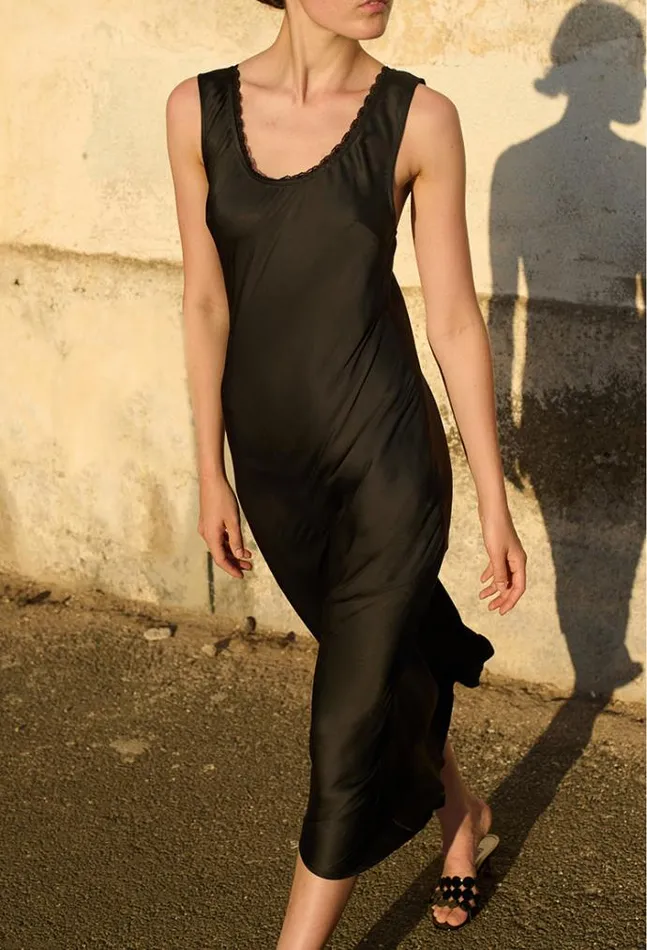 Ciao Lucia Leticia Black Satin Midi Dress Women Long Dresses