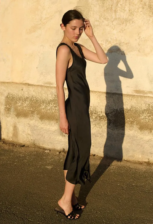 Ciao Lucia Leticia Black Satin Midi Dress Women Long Dresses