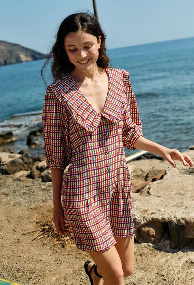 Ciao Lucia Mariana Plaid Linen Blend Mini Dress Women Mini Dresses