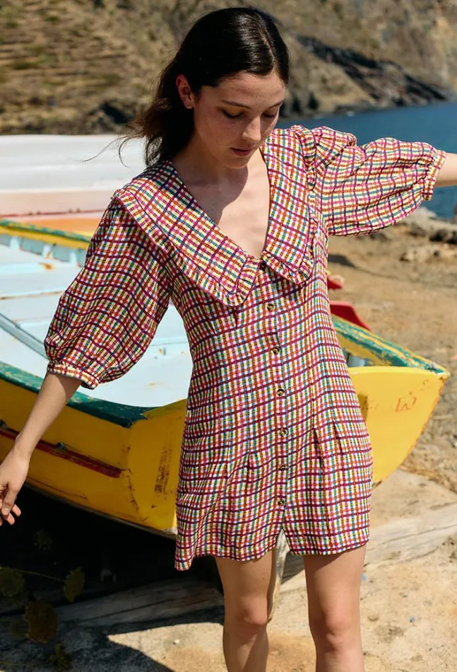 Ciao Lucia Mariana Plaid Linen Blend Mini Dress Women Mini Dresses