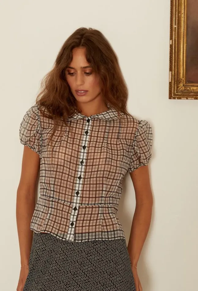 Ciao Lucia Yvonne Sheer Plaid Organza Top Women Short Sleeve Tops