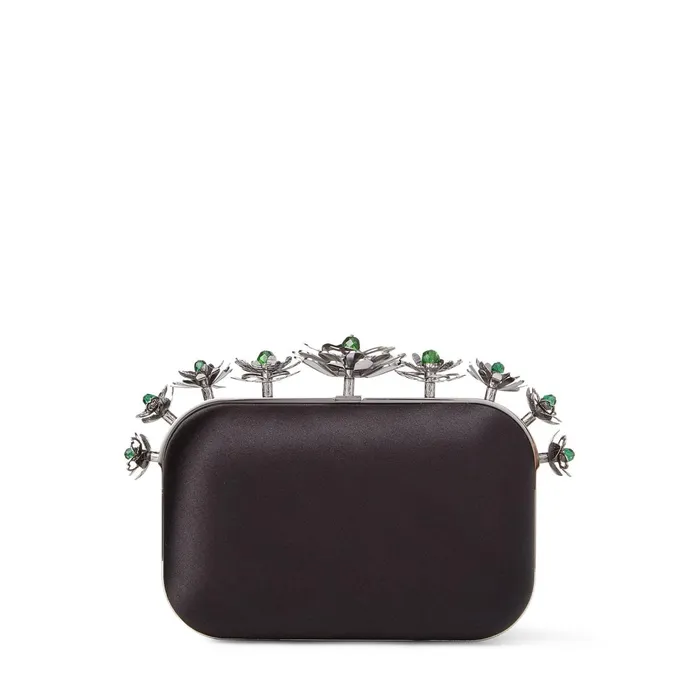 Cloud Black Satin Clutch Bag With Floral Crown Black Women JIMMY CHOO Clutch Bags
