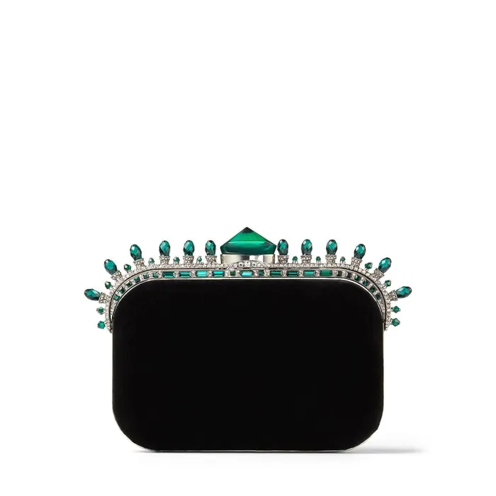Cloud Black Velvet Clutch Bag With Dark Green Crown Jewels Blackdark Green Women JIMMY CHOO Clutch Bags Cloud Black Velvet Clutch Bag With Dark Green Crown Jewels Blackdark Green Women JIMMY CHOO Clutch Bags