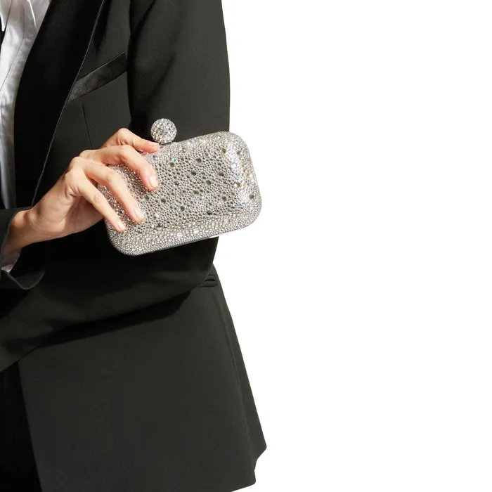 Cloud Nude Shimmer Suede Clutch Bag With Hotfix And CrystalEncrusted Sphere Clasp Nudecrystal Women JIMMY CHOO Clutch Bags