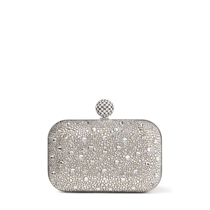Cloud Nude Shimmer Suede Clutch Bag With Hotfix And CrystalEncrusted Sphere Clasp Nudecrystal Women JIMMY CHOO Clutch Bags