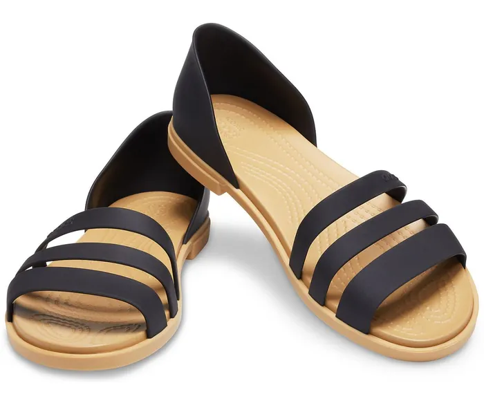 Crocs Flats Womens Crocs Tulum Open Flat Black Tan For Sale