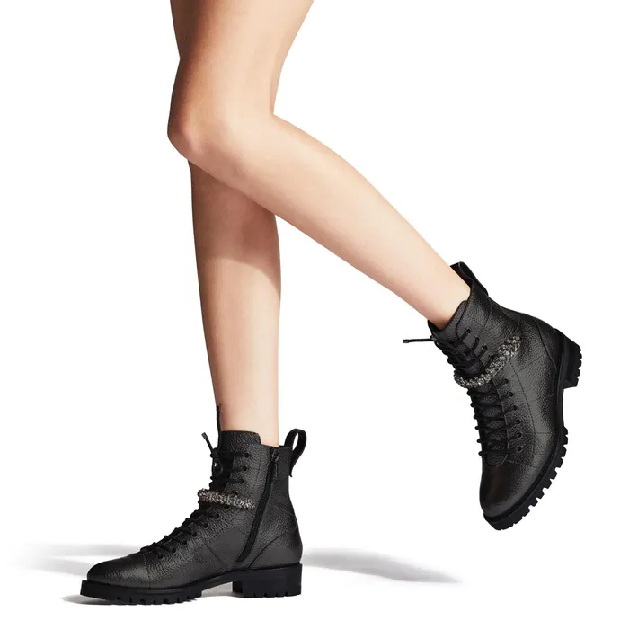 Cruz Flat Black Grainy Leather Combat Boots With Crystal Detail Black Women JIMMY CHOO Boots
