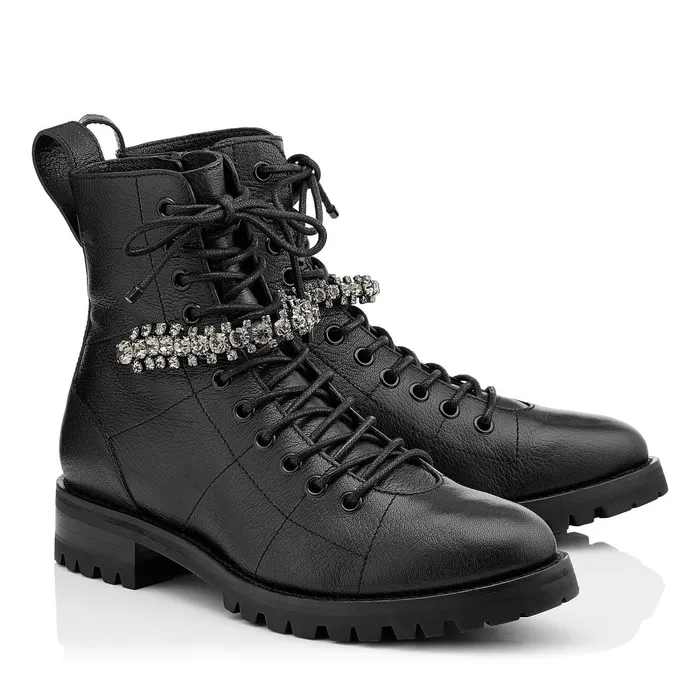 Cruz Flat Black Grainy Leather Combat Boots With Crystal Detail Black Women JIMMY CHOO Boots