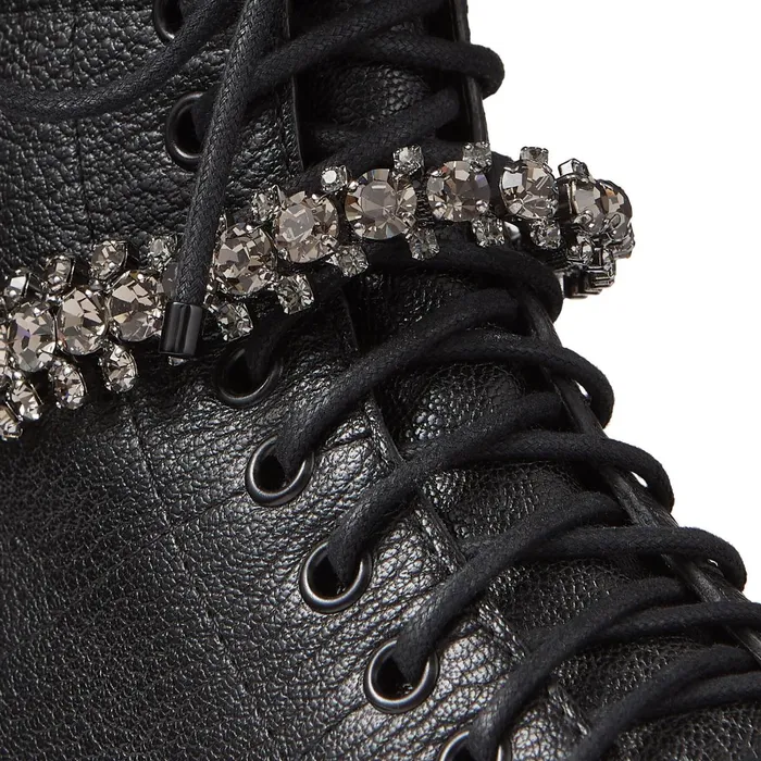 Cruz Flat Black Grainy Leather Combat Boots With Crystal Detail Black Women JIMMY CHOO Boots