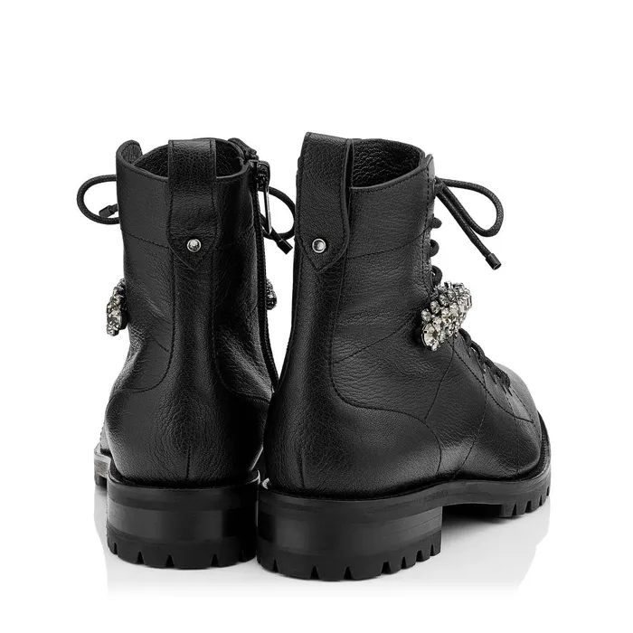 Cruz Flat Black Grainy Leather Combat Boots With Crystal Detail Black Women JIMMY CHOO Boots