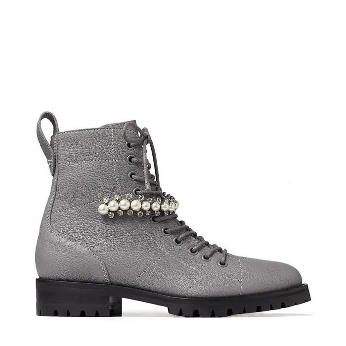 Cruz Flat Grey Grained Leather Combat Boots With Crystal And Pearl Detailing Greywhite Women JIMMY CHOO Boots Cruz Flat Grey Grained Leather Combat Boots With Crystal And Pearl Detailing Greywhite Women JIMMY CHOO Boots