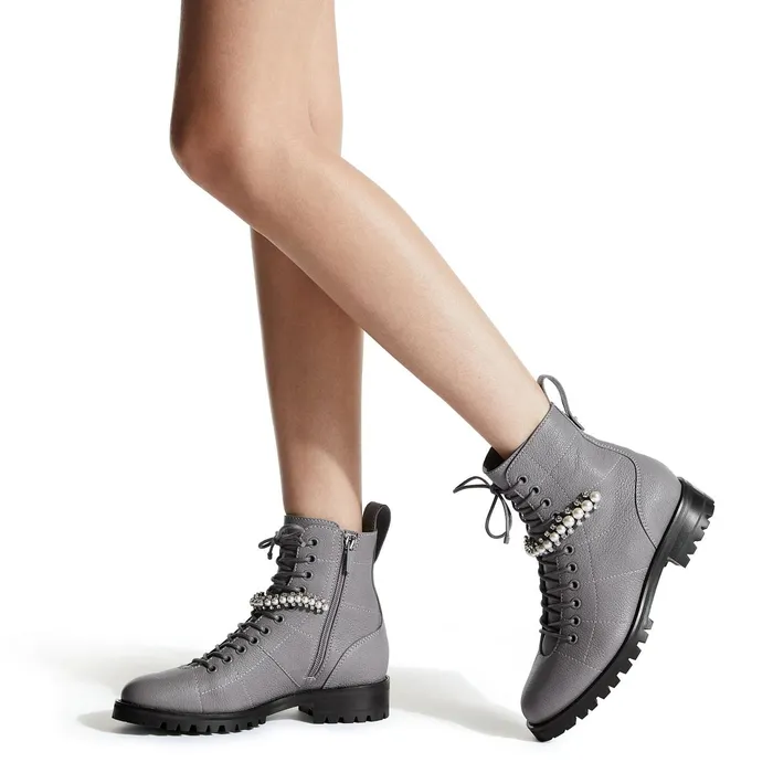 Cruz Flat Grey Grained Leather Combat Boots With Crystal And Pearl Detailing Greywhite Women JIMMY CHOO Boots