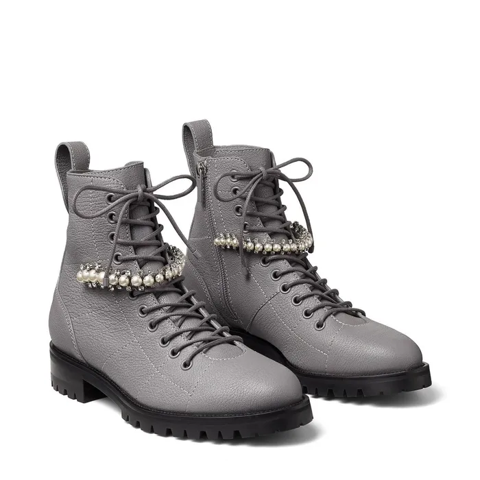 Cruz Flat Grey Grained Leather Combat Boots With Crystal And Pearl Detailing Greywhite Women JIMMY CHOO Boots