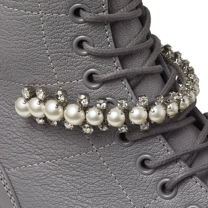 Cruz Flat Grey Grained Leather Combat Boots With Crystal And Pearl Detailing Greywhite Women JIMMY CHOO Boots