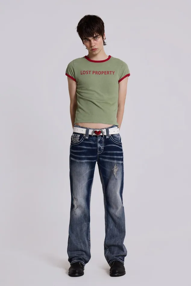 Denim Men Jaded London Shop Rock Revival Mid Blue Gwen Bootcut Jeans
