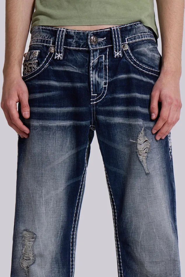 Denim Men Jaded London Shop Rock Revival Mid Blue Gwen Bootcut Jeans