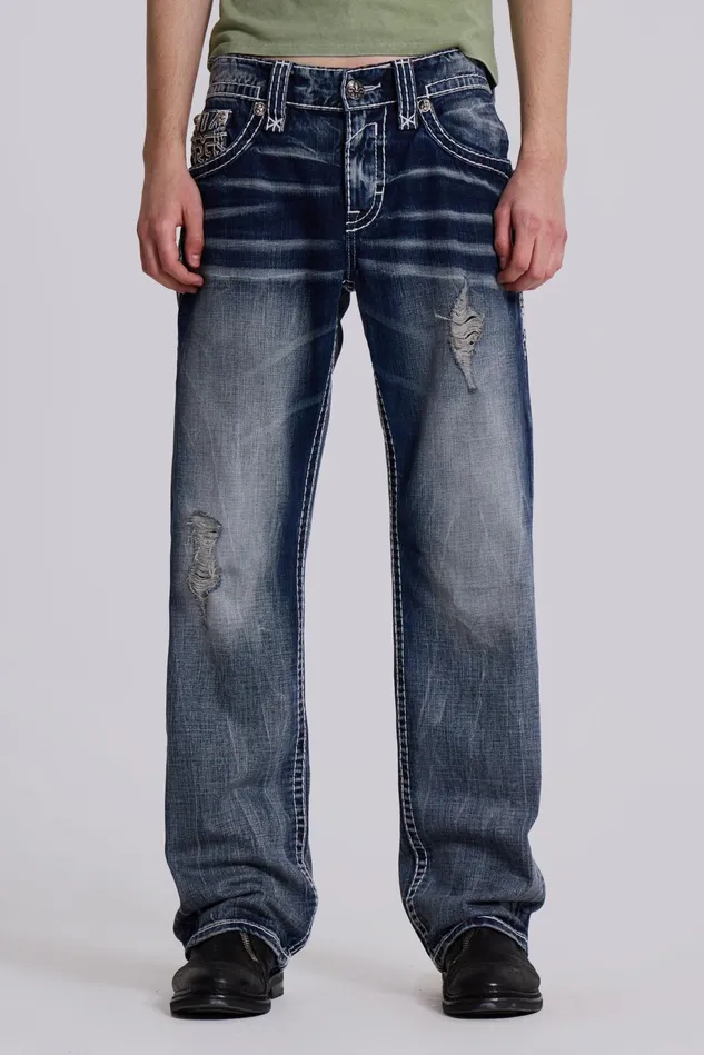 Denim Men Jaded London Shop Rock Revival Mid Blue Gwen Bootcut Jeans