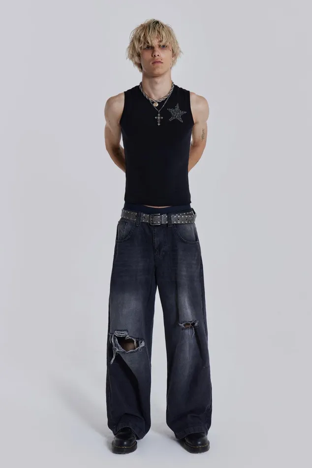 Denim Men Jaded London Shop Washed Black Busted Colossus Baggy Jeans