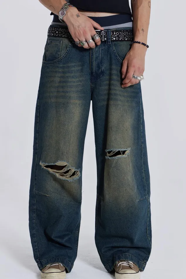 Denim Men Jaded London Shop Washed Blue Busted Colossus Jeans
