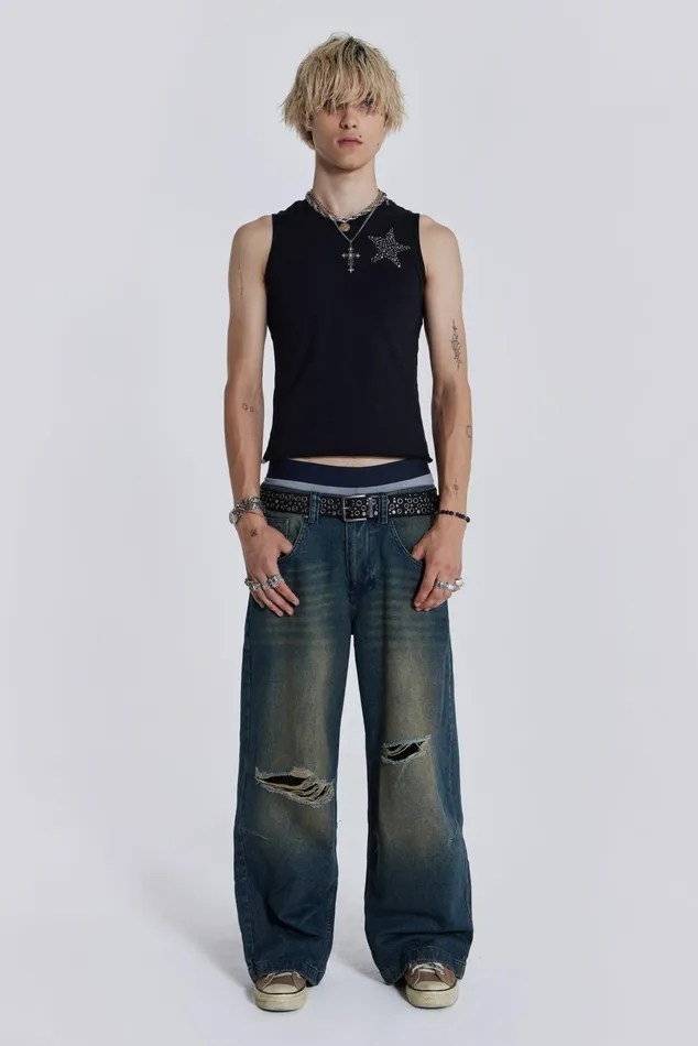 Denim Men Jaded London Shop Washed Blue Busted Colossus Jeans