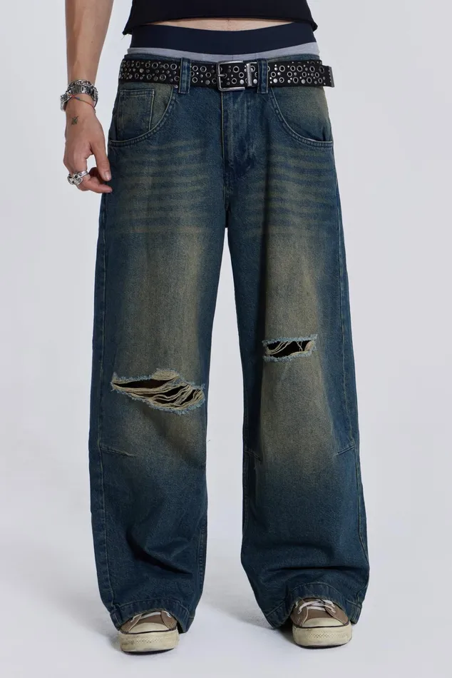Denim Men Jaded London Shop Washed Blue Busted Colossus Jeans