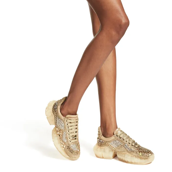 DiamondF Gold Metallic Suede LowTop Trainers With Crystal Embellishment Gold Mix Women JIMMY CHOO Sneakers