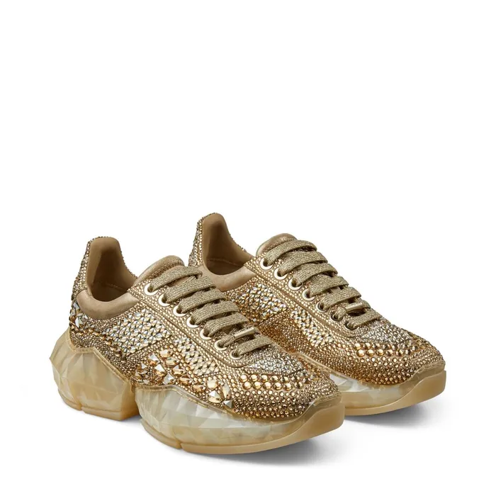 DiamondF Gold Metallic Suede LowTop Trainers With Crystal Embellishment Gold Mix Women JIMMY CHOO Sneakers