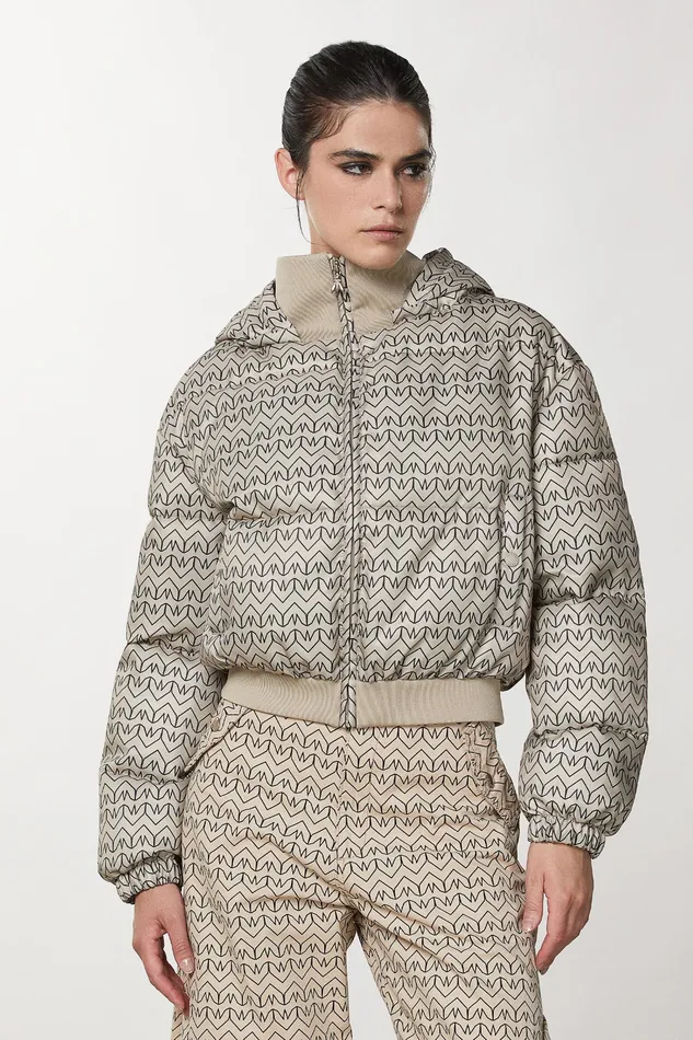 Down Jackets Women Patrizia Pepe Hooded Monogram Down Jacket Craft Beige Monogram
