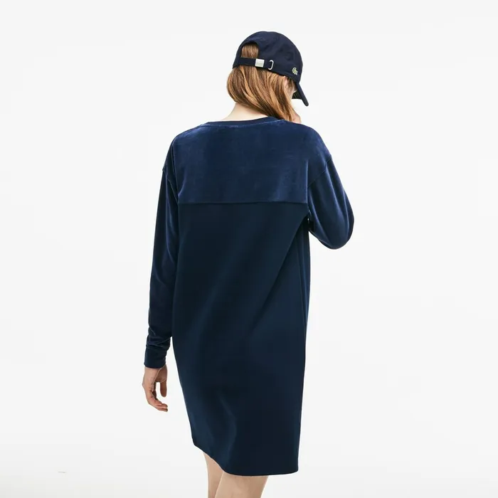 Dresses and Skirts Lacoste Womens Bimaterial Velour and Terrycloth Jersey Sweatshirt Dress Navy Blue Online
