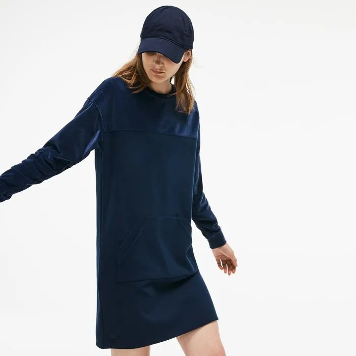 Dresses and Skirts Lacoste Womens Bimaterial Velour and Terrycloth Jersey Sweatshirt Dress Navy Blue Online
