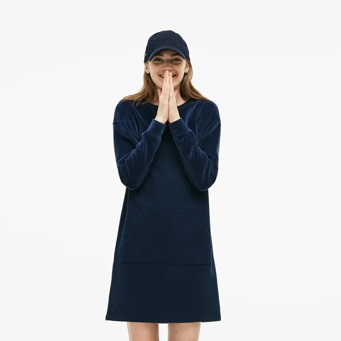 Dresses and Skirts Lacoste Womens Bimaterial Velour and Terrycloth Jersey Sweatshirt Dress Navy Blue Online